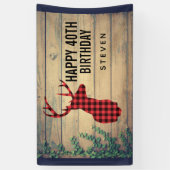 Hirschhaut mit Antlern auf Holzplanken mit Blätter Banner (Vertikal)