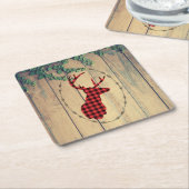 Hirschhaut mit Antlern auf Holzplanken mit Blätter Rechteckiger Pappuntersetzer (angewinkelt)