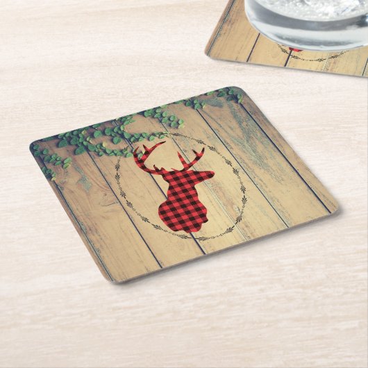 Hirschhaut mit Antlern auf Holzplanken mit Blätter Rechteckiger Pappuntersetzer (angewinkelt)