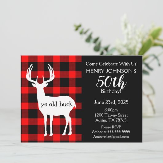 Hirschjagd Buffalo Kariert 50. Geburtstag Einladung (Stehend Vorderseite)