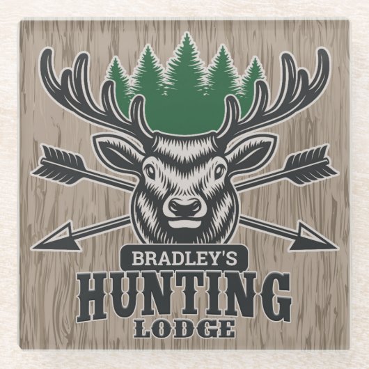 Hirschjäger ADD NAME Bow Hunting Lodge Hütte Glasuntersetzer (Vorderseite)