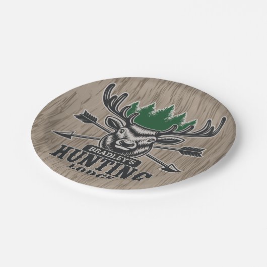 Hirschjäger ADD NAME Bow Hunting Lodge Hütte Pappteller (Schrägansicht)