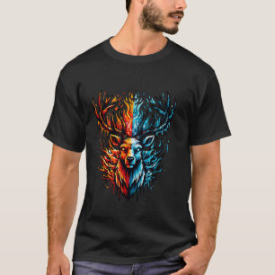 Hirschkopf Feuer- und Wasser-Design T-Shirt