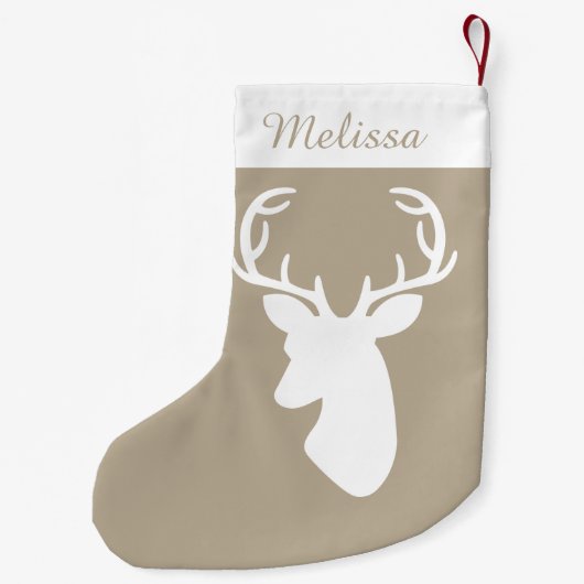 Hirschkopf in Beige und Weiß mit Individuelle Name Kleiner Weihnachtsstrumpf (Rückseite)