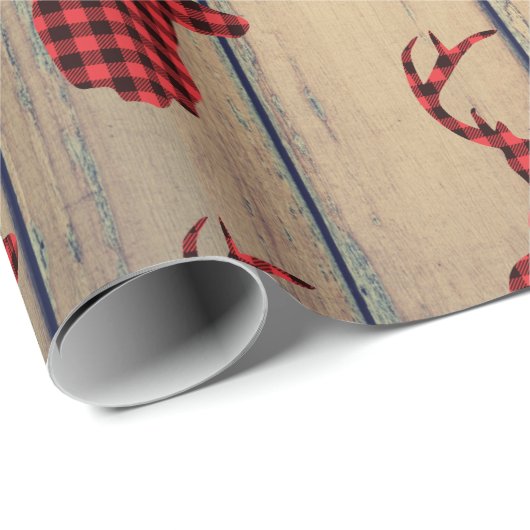 Hirschkopf mit Antlern auf Imitaten Holz Geschenkpapier (Rolleneckpunkt)