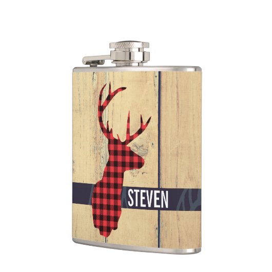 Hirschkopf mit Antlern - Rustikal rot Kariert Flachmann (Links)