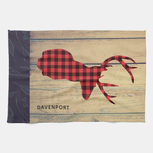 Hirschkopf mit Antlern - Rustikal rot Kariert Geschirrtuch (Horizontal)