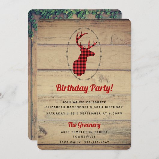Hirschkopf mit Antlers - Roter Karierter Rustikale Einladung (Vorne/Hinten)