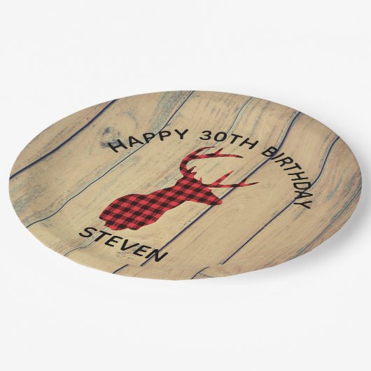 Hirschkopf mit Antlers - Roter Karierter Rustikale Pappteller (Schrägansicht)