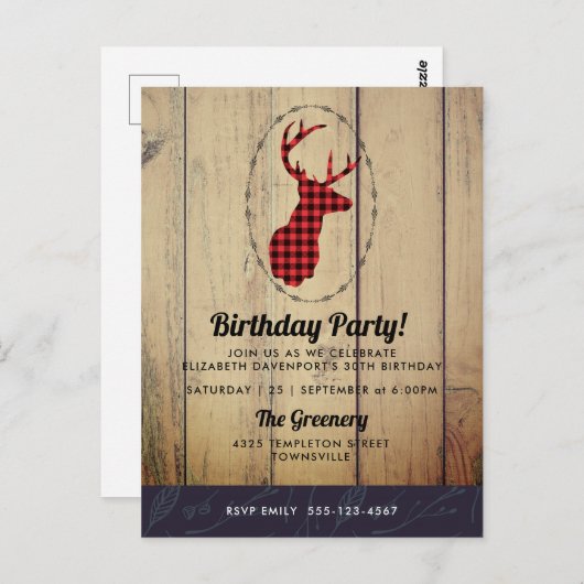 Hirschkopf mit Antlers - Roter Karierter Rustikale Postkarte (Vorne/Hinten)