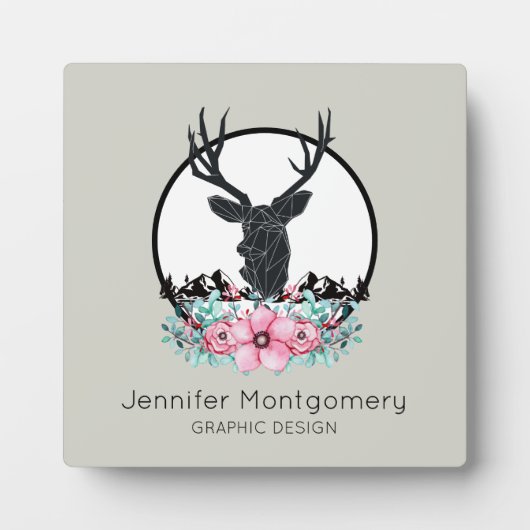 Hirschkopf mit Blume & Gebirge Name & Titel Fotoplatte (Vorderseite)