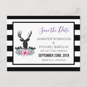 Hirschkopf mit Blumen und Bergen - Save the Date Ankündigungspostkarte