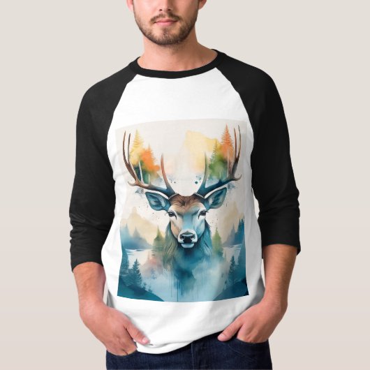 Hirschkopf mit Geweih und Waldbäumen T-Shirt (Vorderseite)