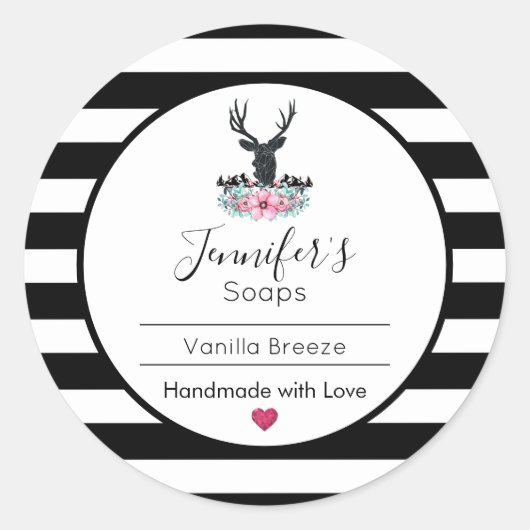 Hirschkopf mit rosa Blume & Gebirge Seife/Kerze Runder Aufkleber (Vorderseite)