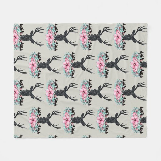 Hirschkopf mit rosa Blume und Gebirgsmuster Fleecedecke (Vorderseite (Horizontal))