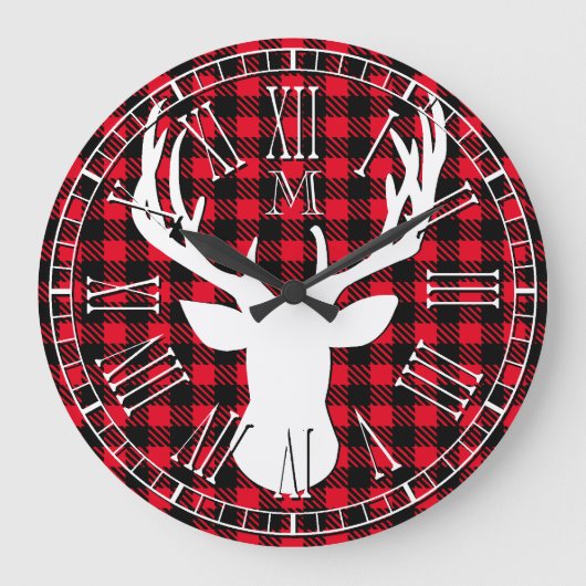 Hirschkopf Monogram Buffalo Kariert Große Wanduhr (Vorderseite)