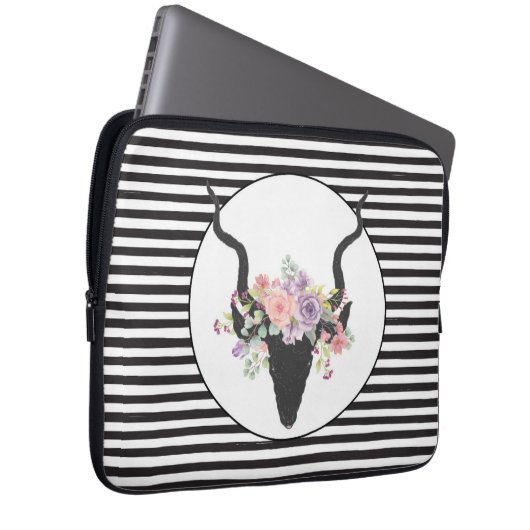 Hirschkopf-Silhouette mit Rose verziert Laptopschutzhülle (Vorne Rechts)