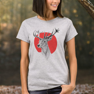 Hirschkopf Stag zeichnend Roter Kreis Tierart T-Shirt
