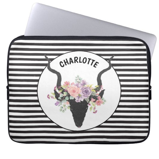 Hirschkopf und Rose personalisiert Laptopschutzhülle (Vorderseite)