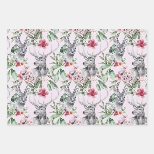 Hirschleopard, grau, rosa, schwarze, blumige Blüte Geschenkpapier Set (Vorderseite 3)
