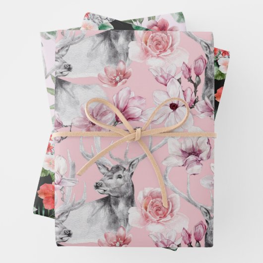 Hirschleopard, grau, rosa, schwarze, blumige Blüte Geschenkpapier Set (Beispiel)