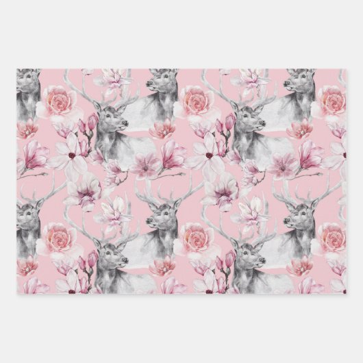 Hirschleopard, grau, rosa, schwarze, blumige Blüte Geschenkpapier Set (Vorderseite)