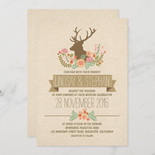 Hirschliebhaber romantische Hochzeitseinladungen Einladung (Vorne/Hinten)