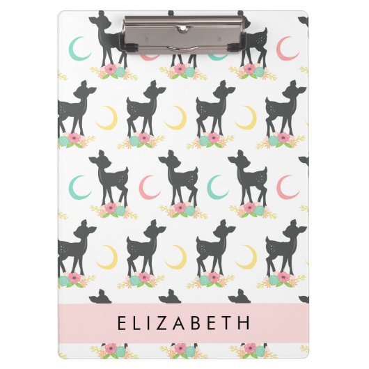 Hirschmuster, Baby Deer, Boho, Blume, Ihr Name Klemmbrett (Vorderseite)