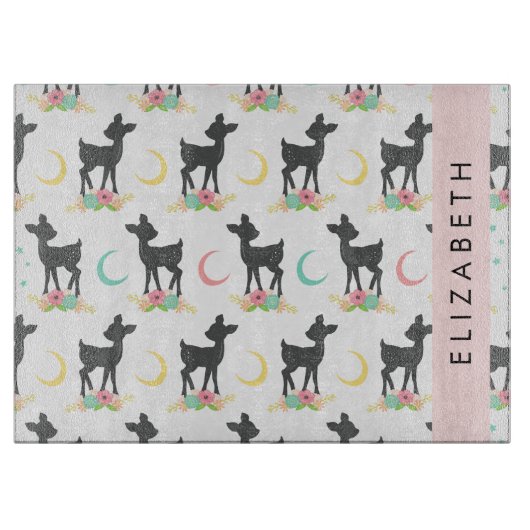 Hirschmuster, Baby Deer, Boho, Blume, Ihr Name Schneidebrett (Vorderseite)