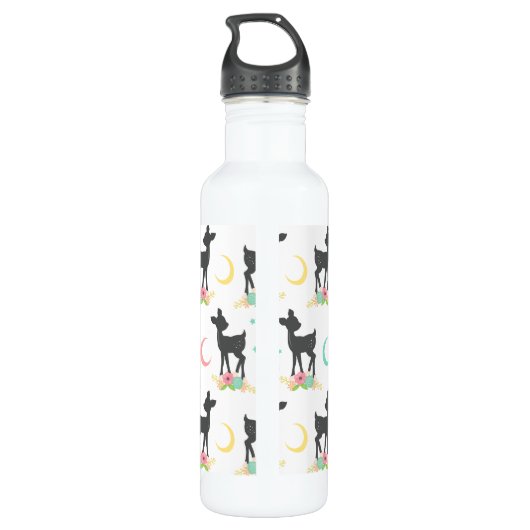Hirschmuster, Baby Deer, Boho, Blume, Mond Edelstahlflasche (Rückseite)