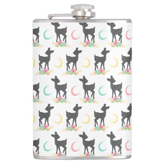 Hirschmuster, Baby Deer, Boho, Blume, Mond Flachmann (Vorderseite)