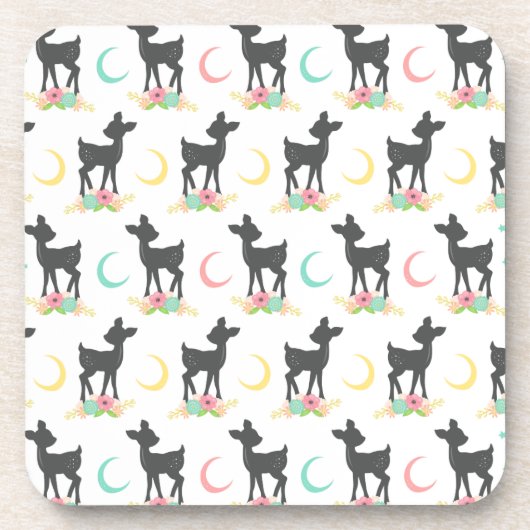 Hirschmuster, Baby Deer, Boho, Blume, Mond Getränkeuntersetzer (Vorderseite)