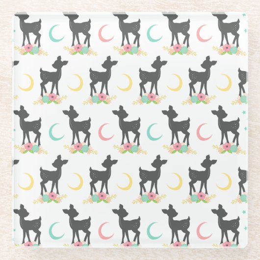 Hirschmuster, Baby Deer, Boho, Blume, Mond Glasuntersetzer (Vorderseite)