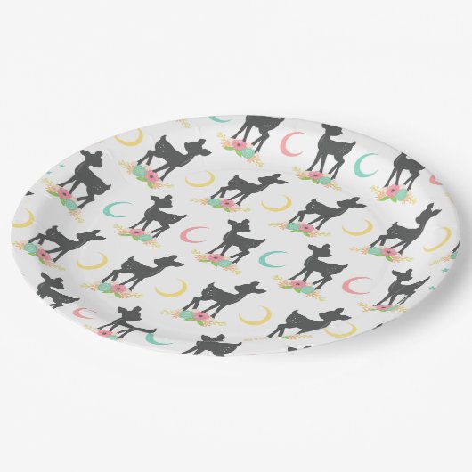 Hirschmuster, Baby Deer, Boho, Blume, Mond Pappteller (Schrägansicht)