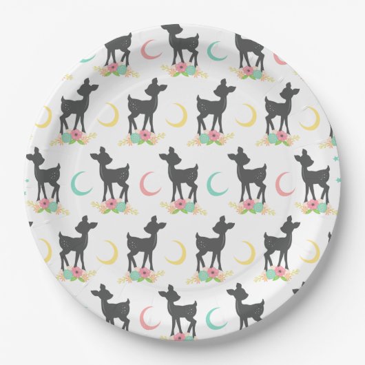 Hirschmuster, Baby Deer, Boho, Blume, Mond Pappteller (Vorderseite)