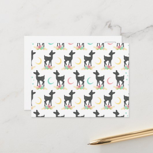 Hirschmuster, Baby Deer, Boho, Blume, Mond Postkarte (Vorderseite/Rückseite Beispiel)