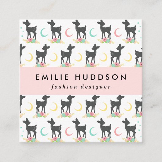 Hirschmuster, Baby Deer, Boho, Blume, Mond Quadratische Visitenkarte (Vorderseite)