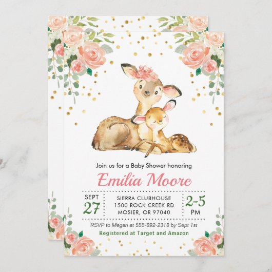 Hirschmütter und Baby Forest Dusche Blumenpfirsich Einladung (Vorne/Hinten)