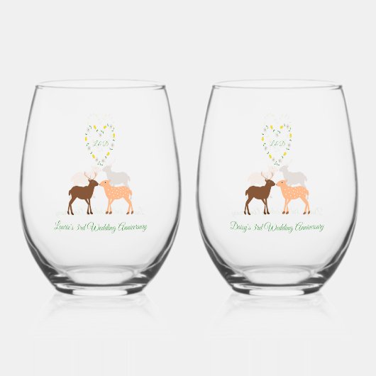 Hirschpaar und Daisy Heart Custom 3 Anniversary Weinglas Ohne Stiel (Vorderseite)