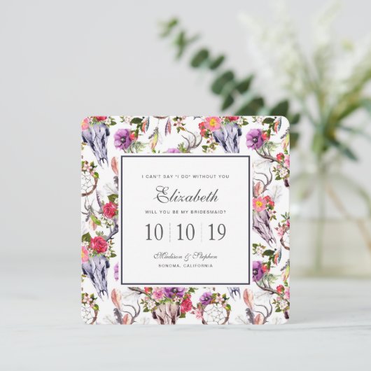 Hirschschädel, Blume & Traumfänger - Brautjungfrau Einladung (Stehend Vorderseite)