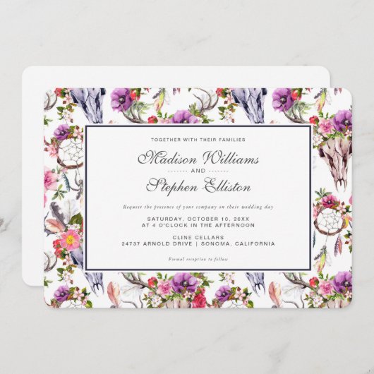 Hirschschädel, Blume und Traumfänger - Hochzeit Einladung (Vorne/Hinten)