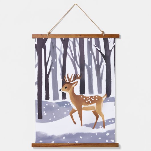 Hirschschschneewald Winter Weihnachtsfeiertag Wandteppich Mit Holzrahmen (Vorderseite)