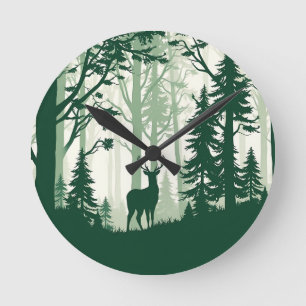 Hirschwald-Silhouette Naturszene Runde Wanduhr