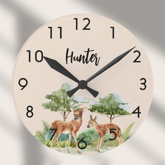 Hirschwaldtiere Beige Kinderzimmer Runde Wanduhr