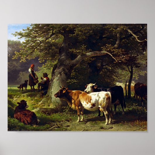Hirte und Kuhherde am Teich Poster (Vorne)