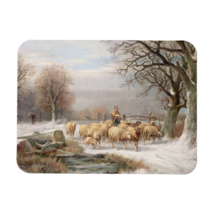 Hirtin mit ihrer Flock in einer Winterlandschaft ( Magnet