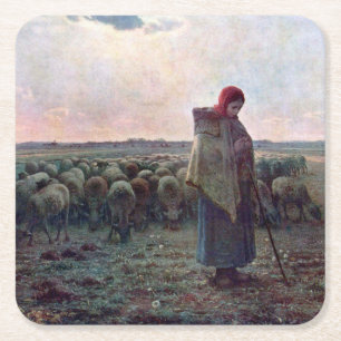 Hirtin mit ihrer Flock, Jean-Francois Millet Rechteckiger Pappuntersetzer