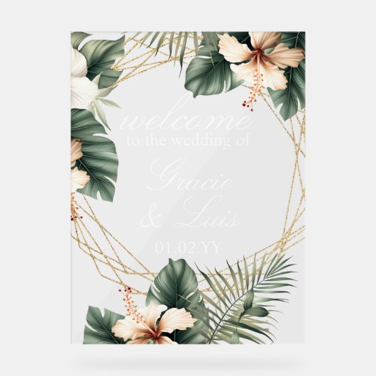Hisbiscus Monstera Botanical Florals Gold Wedding Acrylschild (Vorderseite)