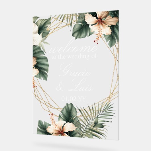 Hisbiscus Monstera Botanical Florals Gold Wedding Acrylschild (Winkel)