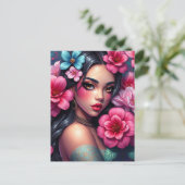Hispanic Anime Girl mit Hübsch rosa Blume Postkarte (Stehend Vorderseite)